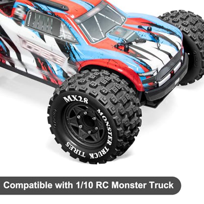 LRFHL MX28 F/R 2.8" RC Monster Truck Tires and Wheels 4PCS, Black | 12mm/14mm Hex Adapter, 1/10 RC Monster Truck, Compatible with Traxxas Stampede Rustler Redcat Arrma Vorteks Big Rock Granite - color: Black Tires+ Black Hex Wheel-9
