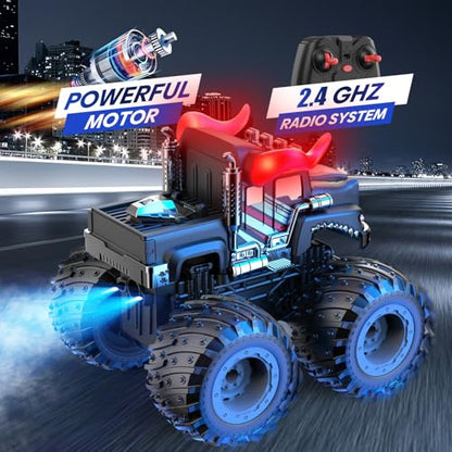 BAODLON Remote Control Monster Car, 2.4GHz RC Bull Monster Truck Toys for 3 4 5 6 7 8 Years Old Boys Kid, All Terrain RC Truck Off Road with Spray, Light, Rechargeable Battery, Christmas Birthday Gift - style: Bull