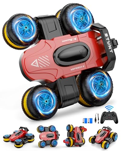 Remote Control Car RC Stunt Cars Toy Gifts - High-Speed Drift 360 Flips Four-Sided Driving Rotating Twist 4WD Offroad Vehicle for Kids Boy Girl Birthday Presents Ages 5 6 7 9 10 11 12 Years Old Red - color: Red