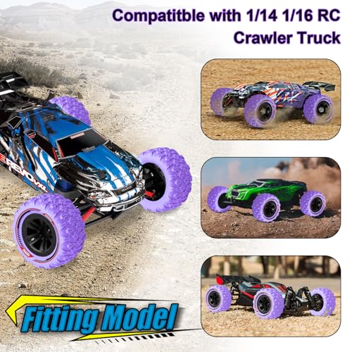 GOUPRC 12mm Hex RC Wheel Tires with Hood Pins Retainer Lock Clip Kit, 3.26 * 1.67 Inches 4PCS Swamp Claw Mud Terrain Tires Accessories for 1/14 1/16 RC Car Crawler Buggy Truck - color: Purple With Retainers