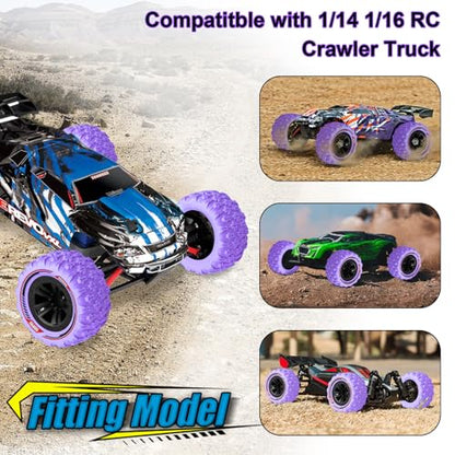 GOUPRC 12mm Hex RC Wheel Tires with Hood Pins Retainer Lock Clip Kit, 3.26 * 1.67 Inches 4PCS Swamp Claw Mud Terrain Tires Accessories for 1/14 1/16 RC Car Crawler Buggy Truck - color: Purple With Retainers