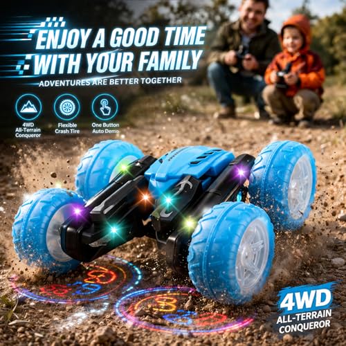 Remote Control Car for Kids, 360° Rotating Stunt Car, Double-Sided Driving, 2.4GHz RC Car, Rechargeable All-Terrain Toy, LED Glowing Wheels with Projection, for Boys & Girls Ages 4-8 - color: Blue