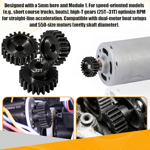 M1 Gear 22T 5mm Bore 3-Pack – High-Precision Hardened Steel Motor Pinion Gear for 1/8 1/10 RC Crawler, Monster Truck, Short Course Truck & Boat (Compatible with Traxxas Axial, FMS, HSP Redcat Losi) - style: M1 3Pcs 22T