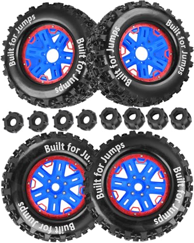 RC Truck Tires 1/8 17mm Hex RC Wheel Tires for 1/8 Monster Truck Tires Traxx as/Arrm a 6S/Summi t/ERveo/Redc at/HPI JLB Cheetah RC Off-Road etc,Hard Plastic Rubber Tyres,Red&Blue - color: Red With Blue(4PCS）