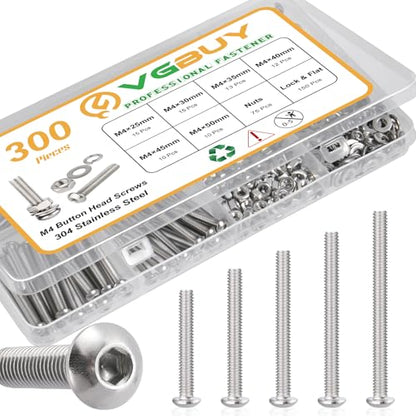 VGBUY 300pcs M4 Screws Assortment, M4 Screws Bolts for 3D Printer DIY, Hex Button Head Cap Screw Bolts Nuts Washer Kit, 304 Stainless Steel, 25/30/35/40/45/50mm - size: M4x25/30/35/40/45/50mm, style: Button Head