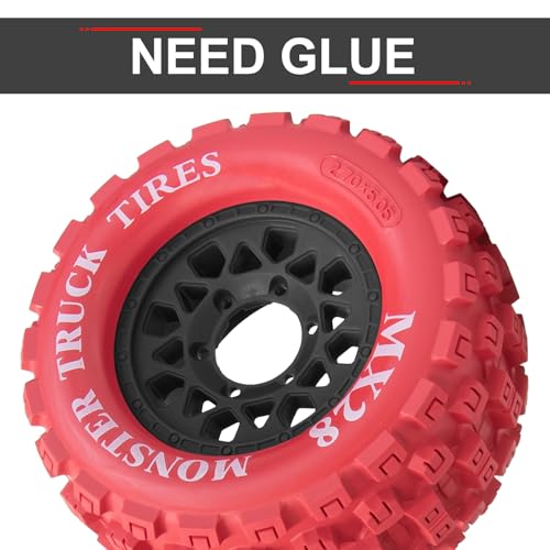 LRFHL MX28 F/R 2.8" RC Monster Truck Tires and Wheels 4PCS, Red | 12mm/14mm Hex Adapter, 1/10 RC Monster Truck, Compatible with Traxxas Stampede Rustler Redcat Arrma Vorteks Big Rock Granite - color: Red Tires+ Black Wheel-5