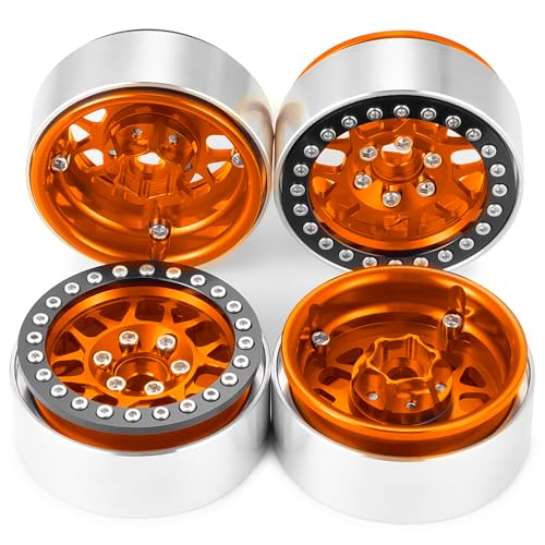 RCLIONS 4PCS 1.9inch RC Beadlock Wheels Aluminum Rims Hub for 1/10th RC Crawler Car SCX10,SCX10-II,TRX4,D90,Redcat - color: Orange