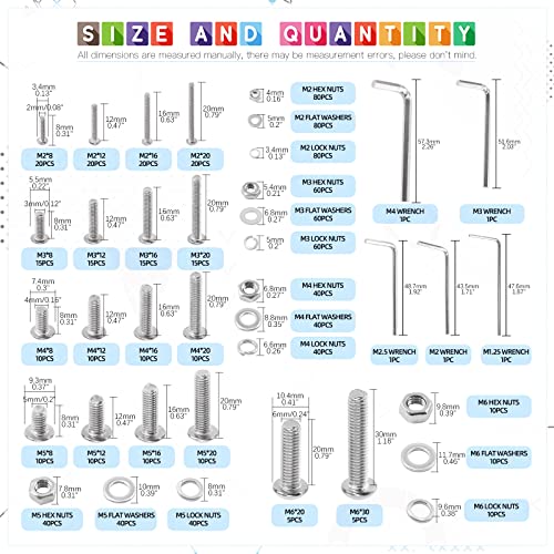 Glarks 925Pcs M2 M3 M4 M5 M6 Button Head Screws 304 Stainless Steel Hex Socket Cap Screws Bolts and Nuts Washers Assortment Kit with Hex Wrench for Machinery Furniture Car Repair - size: M2/M3/M4/M5/M6 screw assortment kit
