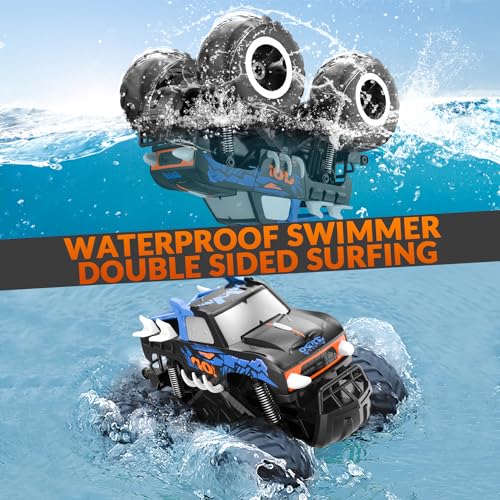 STEMTRON 1:16 Amphibious Monster Truck All Terrain RC Car Toys | 2.4GHz 4WD Waterproof Remote control car, Double-Sided Surfing Off-Road Vehicle, Pool and Yard RC Crawler Gifts for Boys Kids - color: Blue Truck, size: 1:16 Scale