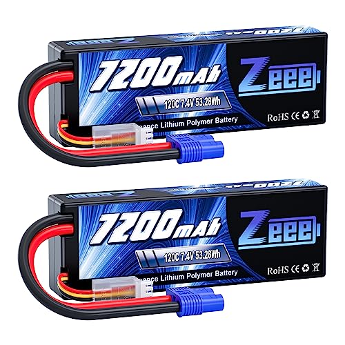 Zeee 2S Lipo Battery 7200mAh 7.4V 120C with EC3 Connector (2 Pack) | Hard Case RC Battery for RC Car Truck Truggy Buggy Tank 1/10 Scale Racing Models