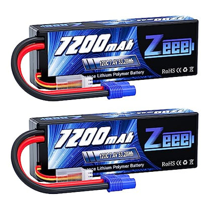 Zeee 2S Lipo Battery 7200mAh 7.4V 120C with EC3 Connector (2 Pack) | Hard Case RC Battery for RC Car Truck Truggy Buggy Tank 1/10 Scale Racing Models