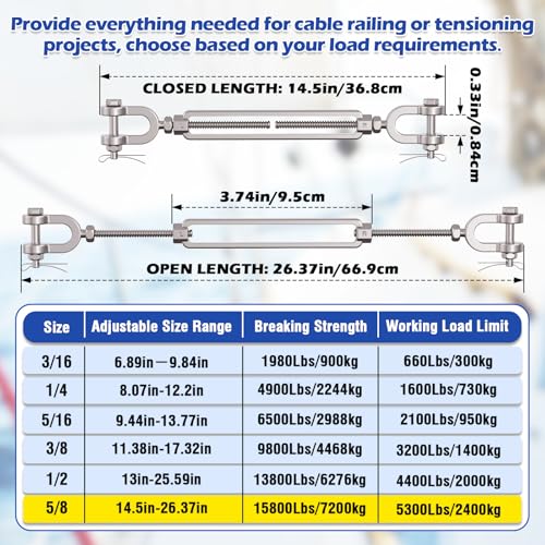 4 Pack 5/8" Jaw and Jaw Turnbuckle Heavy Duty, 5300 lbs Working Load Limit, Ultra Durable Stainless Steel Turnbuckles for Cables Wire Tension, Tractor, Sun Shade Tent, Deck, Ground Anchors - size: 5/8"(M16)-4PCS