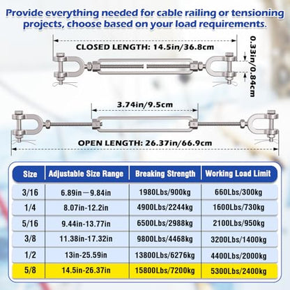 4 Pack 5/8" Jaw and Jaw Turnbuckle Heavy Duty, 5300 lbs Working Load Limit, Ultra Durable Stainless Steel Turnbuckles for Cables Wire Tension, Tractor, Sun Shade Tent, Deck, Ground Anchors - size: 5/8"(M16)-4PCS