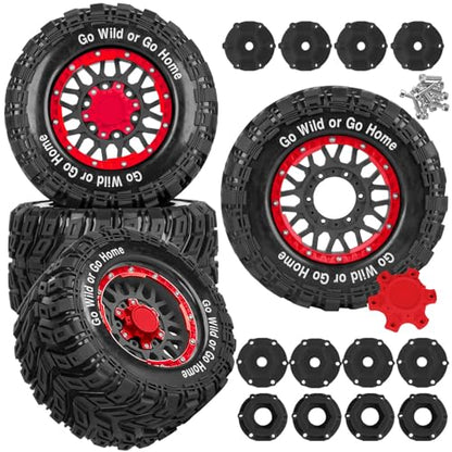 RC Truck Tires Wheel for 1/10 Big Rock Granite Vortek 3s / Stampede Rustler RC Car,4-Pack RC Wheels Tires,Black-Red - color: Black-red- (Rc Tires Wheel)
