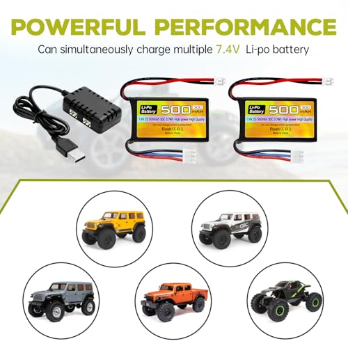 2PCS 7.4V 500mAh 30C Lipo Battery RC Car Drone Battery with PH2.0 Plug with 2-in-1 Charger for AX24 SCX24 RC Car Model Batteries Compatible with Most 1/10, 1/16, 1/18, 1/24 Scale RC Cars Trucks