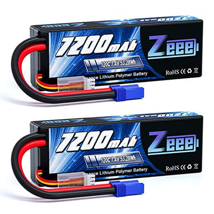 Zeee 2S Lipo Battery 7200mAh 7.4V 120C with EC5 Connector (2 Pack) | Hard Case RC Battery for RC Car Truck RC Vehicles Truggy Buggy Tank Helicopter Airplane Racing Models