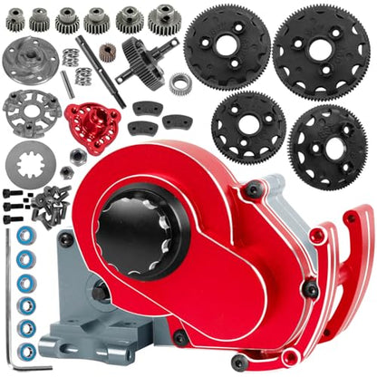 Transmission Case Gearbox w/Spur Gear Upgrades Part for 1/10 Slash/Stampede/Bandit/Rustler 2WD (VXL),RC Aluminum Transmission Gearbox Hops Up,Red & Titanium - color: Red - (Gear Gearbox)