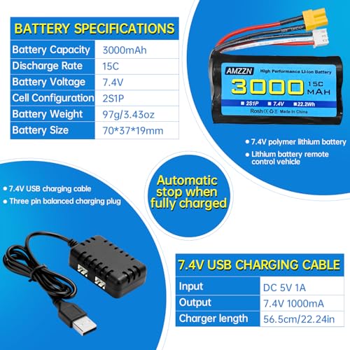2PCS 7.4V 3000mAh 15C 2S XT-30 Plug Li-ion Battery with 2-in-1 Charger for RC High-Speed Cars, Trucks RC Ship Model Car and Huina Engineering Vehicle Batteries