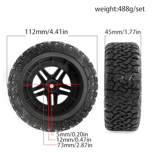 1/10 RC Short Course Truck Plastic Wheels 12mm Hex and Tires OD 4.41" 5-Spok Off Road Tyres for 1:10 Scale Truck Car TRAXXAS Slash 4X4 2WD ARRMA SENTON 3S Losi Redcat Rc4wd 4PCS (Black) - color: Black