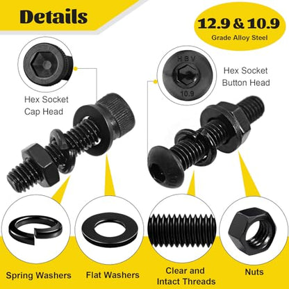 1500PCS M4 Screws with Nuts Assortment Kit, M4x6/8/12/16/20/25/30/40 mm Hex Socket Button & Cap Head Bolts Nut and Washers Set, 12.9 & 10.9 Grade Black Zinc Plated for DIY, 3D Printer - size: M4 1500pcs