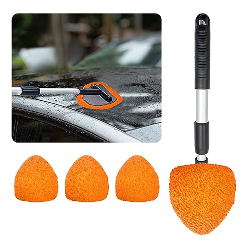 Ziciner Car Windshield Cleaner, Microfiber Auto Cleaning Wiper with Aluminum Extendable Handle and 2 Washable Reusable Cloth Pad Head, Universal Vehicle Interior Exterior Cleaner Kit (Orange-Triangle) - size: Orange-Triangle
