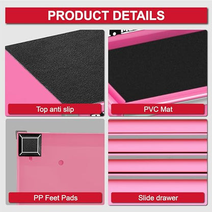 P.I.T. Mini Tool Box,Small Metal Toolbox Organizer with 5 Drawers,Pink | 8.6"W X 4.6"D Cute Size,Q235 Steel,Magnetic Locking Mechanism,PVC Drawer Liners - color: Pink, size: 5-Drawer