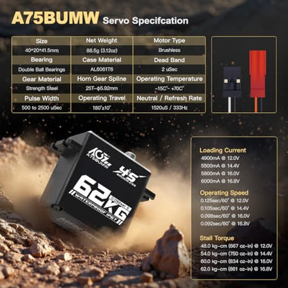 AGFRC 62KG 16.8V Waterproof Servo for 1/10 1/8 RC Cars (A75BUMW) | 0.092sec/60° @16.8V, Brushless Motor, Full Metal Gears, Digital, Programmable, Fits 1/10 & 1/8 RC Buggies / Trucks