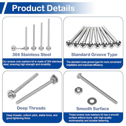 #6-32 x 1-1/4" to 2" Long Pan Head Machine Screw Kit for Electrical Outlets | 180Pcs with Nut Washer, 304 Stainless Steel UNC Fully Threaded Phillips Drive, for Outlet Box, Wall Plate, Furniture Assembly - size: #6-32(Long Screws Kit）