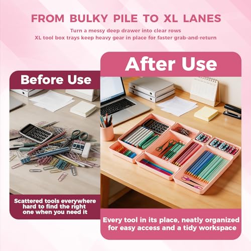 [6 PCS Extra-Large] Pink Drawer Organizer Trays with Non-Slip Pads, Interlocking Storage Bins for Vanity, Desk, Bathroom, Kitchen, Home Office and Utility Drawers - color: 6PCS PINK(XL)