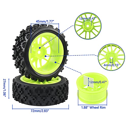 Green RC 1:10 Scale On-Road Tires Wheel Rims | 4 X, Hex 12MM, Crossing Rubber - color: Green