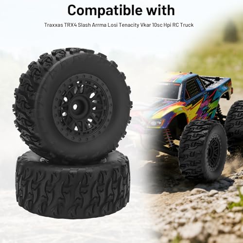 1/10 RC Short Course Truck Tires, daitoku 12mm Hex RC Wheels and Tires for 1/10 Traxxas TRX4 Slash Arrma Losi Tenacity Vkar 10sc Hpi - Style A (Black) - style: Style A