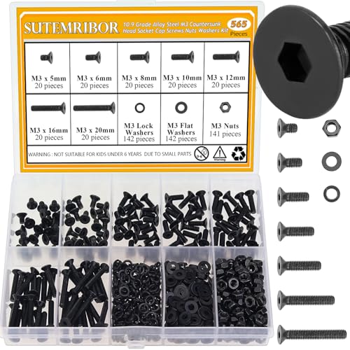 565 Pieces M3 Screws Nuts Washers Set Black, Sutemribor M3 x 5/6/8/10/12/16/20mm Countersunk Head Socket Cap Screws Nuts Washers Assortment Kit, 10.9 Grade Alloy Steel, Fully Threaded - size: M3, style: Countersunk Head Socket Cap