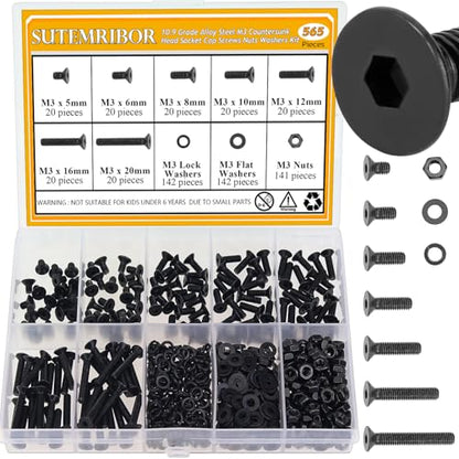 565 Pieces M3 Screws Nuts Washers Set Black, Sutemribor M3 x 5/6/8/10/12/16/20mm Countersunk Head Socket Cap Screws Nuts Washers Assortment Kit, 10.9 Grade Alloy Steel, Fully Threaded - size: M3, style: Countersunk Head Socket Cap