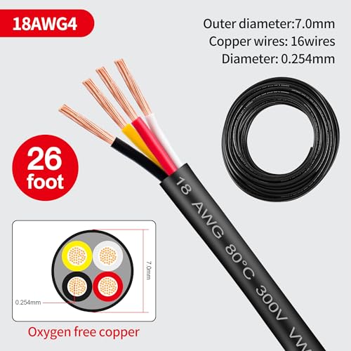 18 Gauge Wire 4 Conductor,18 AWG Electrical Wire Stranded PVC Cord Oxygen-Free Copper Cable,26FT 18/4 Core Pure Copper Flexible Cable Wire for LED Lamp Lighting Strips Automotive (18AWG-4C, 26FT)… - size: 26FT, style: 18AWG-4C