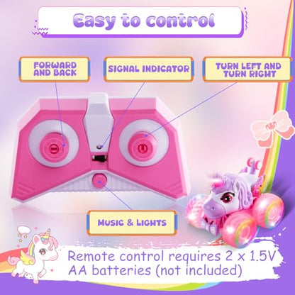 Remote Control Car Unicorn Monster Trucks for Girls 360° Rotating 4WD Stunt RC Cars with LED Lights and Music, 2.4GHz Toy Various Terrain Pink RC Cars Birthday Gifts for Kids Girl Age 3-12 (Large) - style: Large