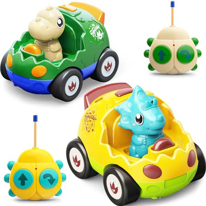 Kidz do 2 Pack Dinosaur Remote Control Cars for Toddlers 2 3 4 5 Years Old - Easter Birthday Gift Ideas for Boys Ages 2-5, Kids Dino Toys RC Vehicle with Lights and Music for Family Fun(Yellow Green) - color: Green&yellow
