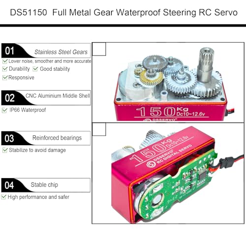 12V Waterproof IP66 150KG Digital RC Servo 1/5 Stainless Steel Gear High Torque Large Steering Servo with 18T Servo Arm for Baja Car RC Car Robot Crawler 270° Control Angle