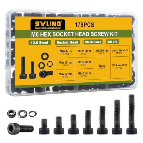 178Pcs M6 Screws Assortment Kit,Hex Socket Head Cap Screws Bolts Nuts Washer Set,12.9 Grade Alloy Steel,Black Oxide M6x 8/10/12/16/20/25/30mm,for 3D Printer,DIY Project - size: M6 178PCS Socket Black