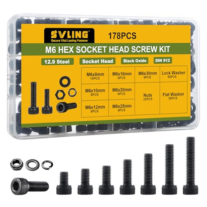 178Pcs M6 Screws Assortment Kit,Hex Socket Head Cap Screws Bolts Nuts Washer Set,12.9 Grade Alloy Steel,Black Oxide M6x 8/10/12/16/20/25/30mm,for 3D Printer,DIY Project - size: M6 178PCS Socket Black