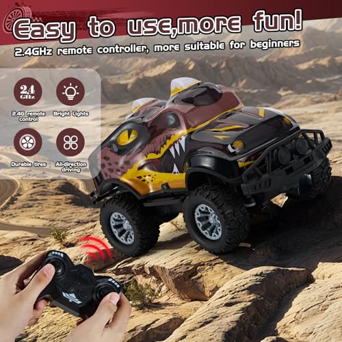 Dinosaur-Shaped Off-Road Vehicle Remote Control Cool Off-Road Vehicle Truck, 2.4GHz RC Car with LED Lights, 1:20Scale, RC Truck, Remote Control car from a Long Distance.Gifts for Boys (Brown) - color: Brown