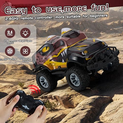 Dinosaur-Shaped Off-Road Vehicle Remote Control Cool Off-Road Vehicle Truck, 2.4GHz RC Car with LED Lights, 1:20Scale, RC Truck, Remote Control car from a Long Distance.Gifts for Boys (Brown) - color: Brown
