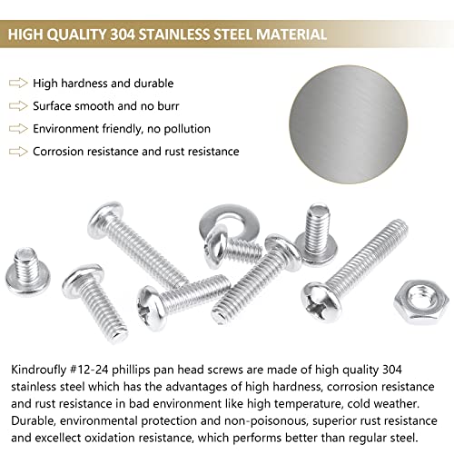 104 Pieces #12-24x 5/16", 3/8", 1/2", 5/8", 3/4", 7/8", 1", 1-1/4", Phillips Pan Head Machine Screws Nuts Washers Assortment Kit, 304 Stainless Steel, Fully Machine Thread - size: #12-24