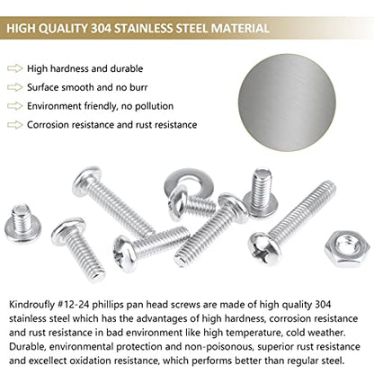 104 Pieces #12-24x 5/16", 3/8", 1/2", 5/8", 3/4", 7/8", 1", 1-1/4", Phillips Pan Head Machine Screws Nuts Washers Assortment Kit, 304 Stainless Steel, Fully Machine Thread - size: #12-24