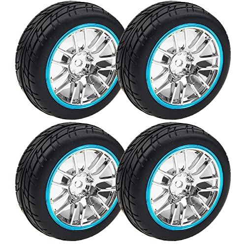 4Pcs 2.59in Rubber Tires & 12mm Hex Plastic Wheel Rims Set 14-Spoke w/Foam Compatible with Traxxas Kyosho HPI Tamiya Associated 1/10 RC On-Road Touring Car (Blue) - color: Blue