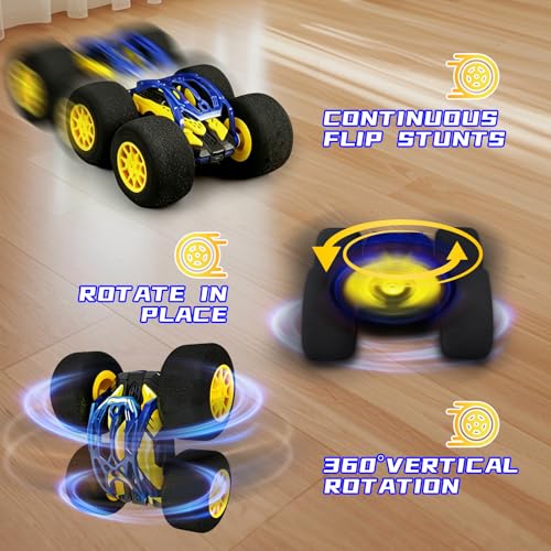 pinkking Indoor RC Car Stunt Remote Control Car Toys with Soft Wheels RC Cars for Kids with LED Headlight & Sponge Tires Crazy Stunts 360° Flips Double Sided Vehicle 2.4GHz RC for Boys Girls Gift - color: Yellow