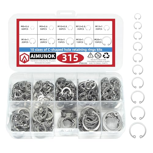 Internal Snap Ring Kit, Metric E-Clip Assortment 315Pcs for Shaft Size M8 M10 M12 M14 M16 M18 M20 | 304 Stainless Steel Retaining Circlips for Grooved Shafts & Studs | AIMUNOK - size: 315pcs-Internal ring (304SS)