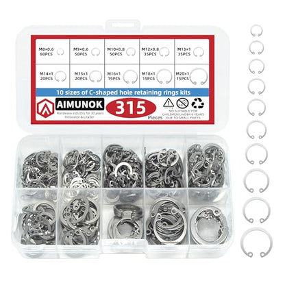 Internal Snap Ring Kit, Metric E-Clip Assortment 315Pcs for Shaft Size M8 M10 M12 M14 M16 M18 M20 | 304 Stainless Steel Retaining Circlips for Grooved Shafts & Studs | AIMUNOK - size: 315pcs-Internal ring (304SS)