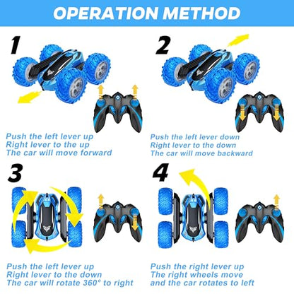 KKONES Remote Control Car, 2.4GHz Double Sided 360° Flips RC Stunt Car | LED Wheels & Headlight 4WD Race Stunt Car, High Speed Off Road Cars Toy Gift for 3 4 5 6 7 8-12 Year Old Boy Toys (Blue) - color: Blue