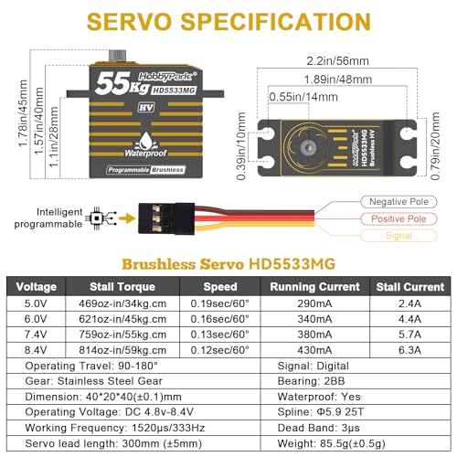 HobbyPark Waterproof 55KG High Torque Servo Motor Brushless Metal Gear Digital Servo Programmable 8.4V HV Servo for 1/8 1/10 1/12 RC Crawler RC Truck RC Car Buggy Robot DIY Control Angle 180°