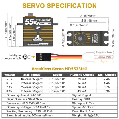HobbyPark Waterproof 55KG High Torque Servo Motor Brushless Metal Gear Digital Servo Programmable 8.4V HV Servo for 1/8 1/10 1/12 RC Crawler RC Truck RC Car Buggy Robot DIY Control Angle 180°